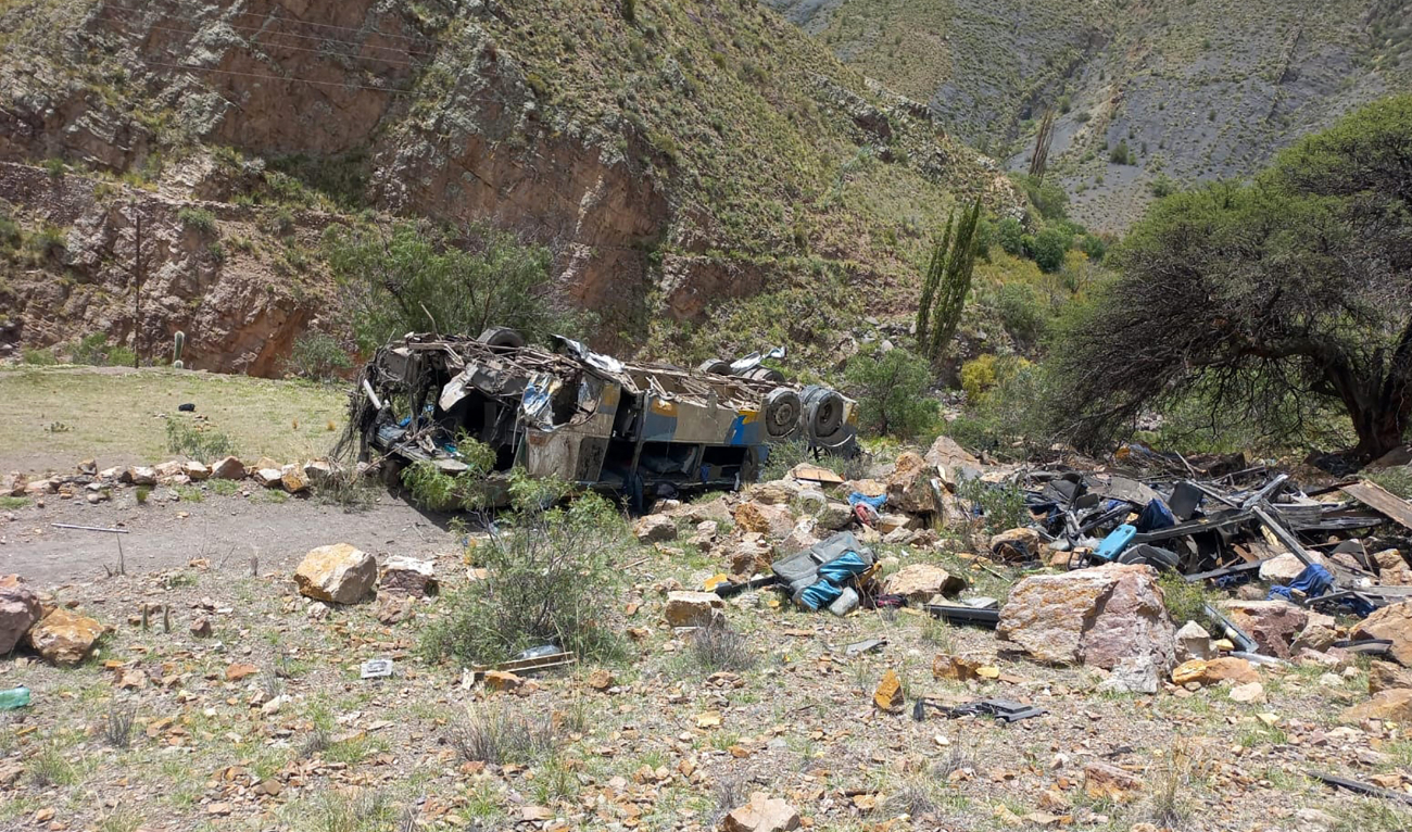This handout picture released by the Bolivian Police shows the wreckage of a passenger bus that fell into an abyss near the town of Yocalla, between Potosi and Oruro, Bolivia, on February 17, 2025. (AFP)