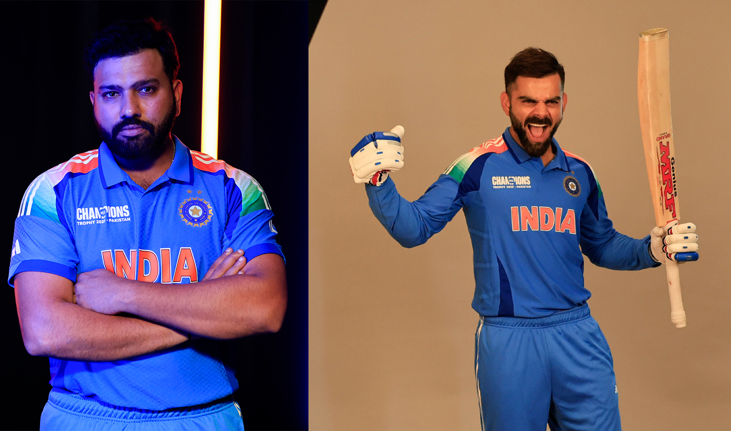 India captain Rohit Sharma (left) and superstar batsman Virat Kohli pose for a photoshoot for the ICC Champions Trophy 2025 in Dubai, UAE, on February 17, 2025. (BCCI)