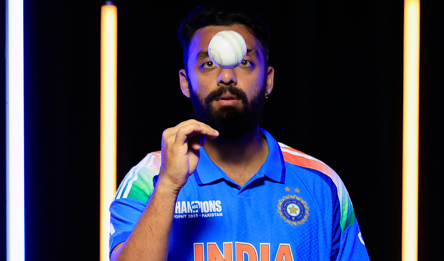 India's Varun Chakravarthy wears official jersey for the upcoming ICC Champions Trophy tournament in Dubai, UAE, on February 17, 2025. (BCCI)