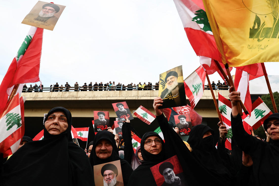 Supporters of Hezbollah attend a protest organized by them against what they said was violation of national sovereignty, near Beirut international airport, Lebanon, February 15, 2025. (Reuters)