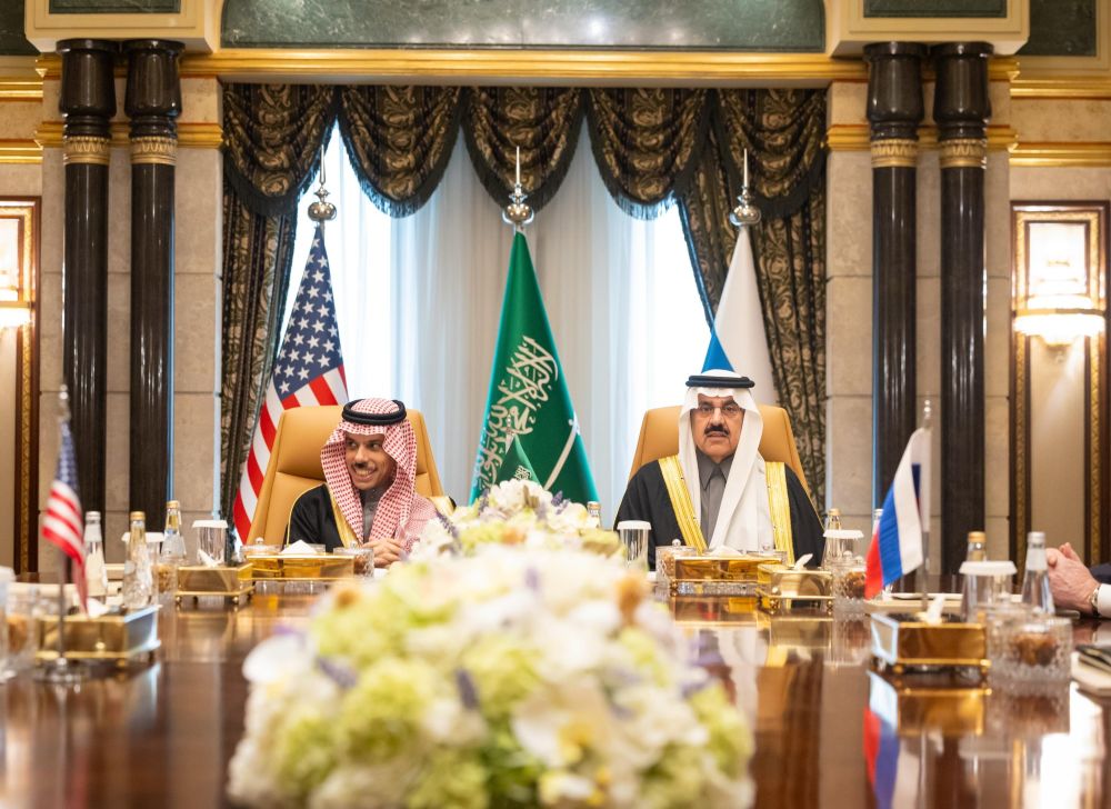 Foreign Minister Prince Faisal bin Farhan and Musaed Al-Aiban, Minister of State, during talks between Russia and the US in Riyadh on Feb. 18, 2025. (X/@KSAMOFA)