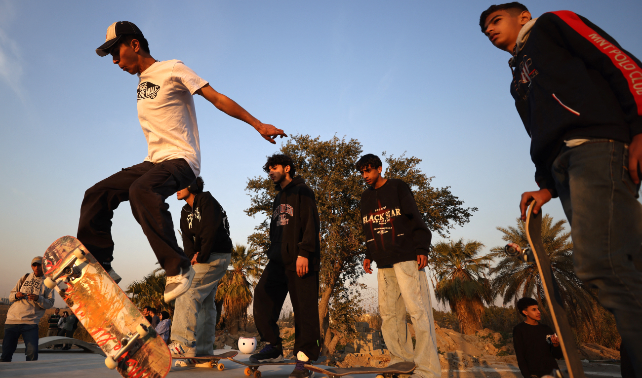 Iraqi skateboarders show their skills at a skatepark in Baghdad on February 1, 2025. (AFP)