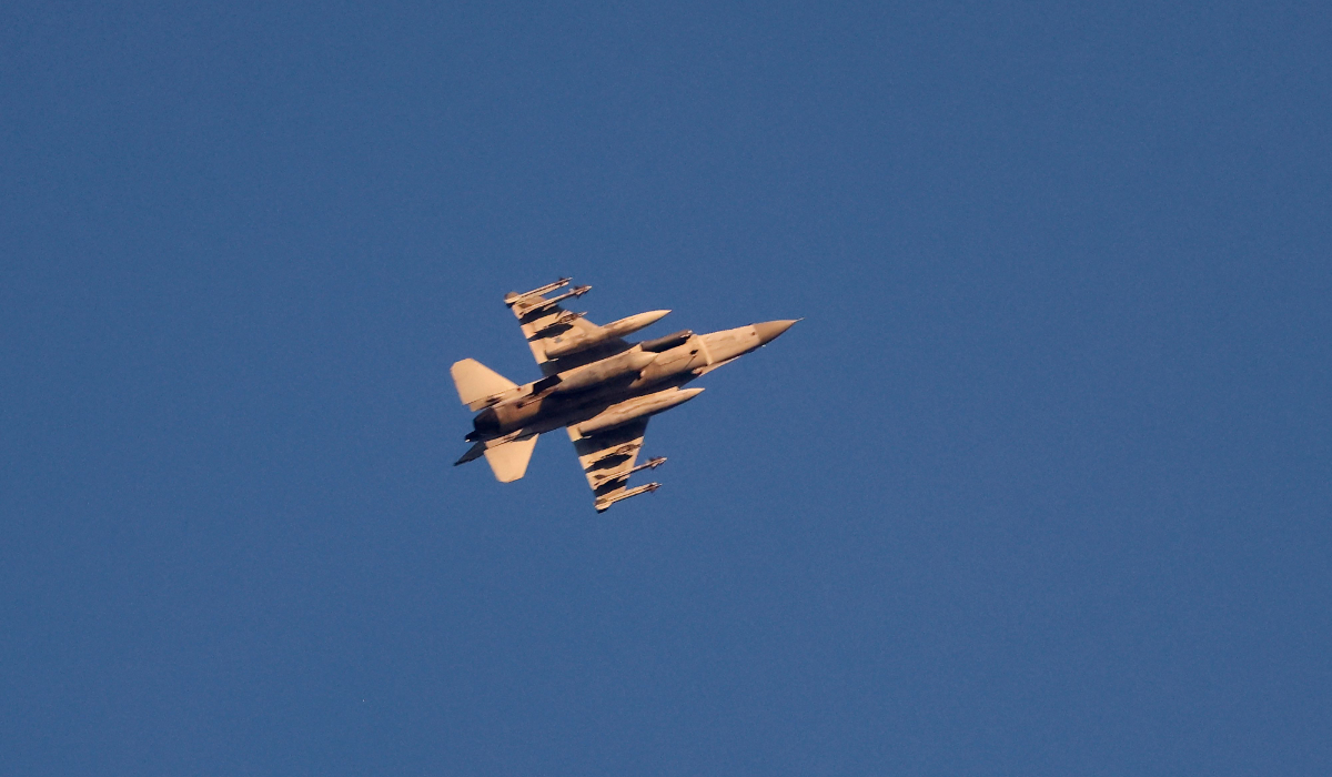 This photo taken from a position in northern Israel shows an Israeli Air Force fighter jet flying to intercept a hostile aircraft that launched from Lebanon over the border area with south Lebanon on August 25, 2024. (AFP)