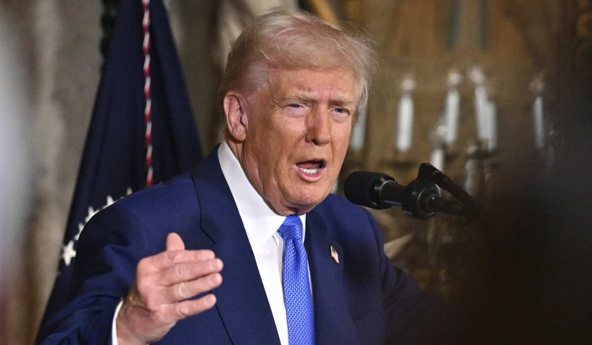 President Donald Trump speaks at Mar-a-Lago in Palm Beach, Fla., Tuesday, Feb. 18, 2025. (AP)