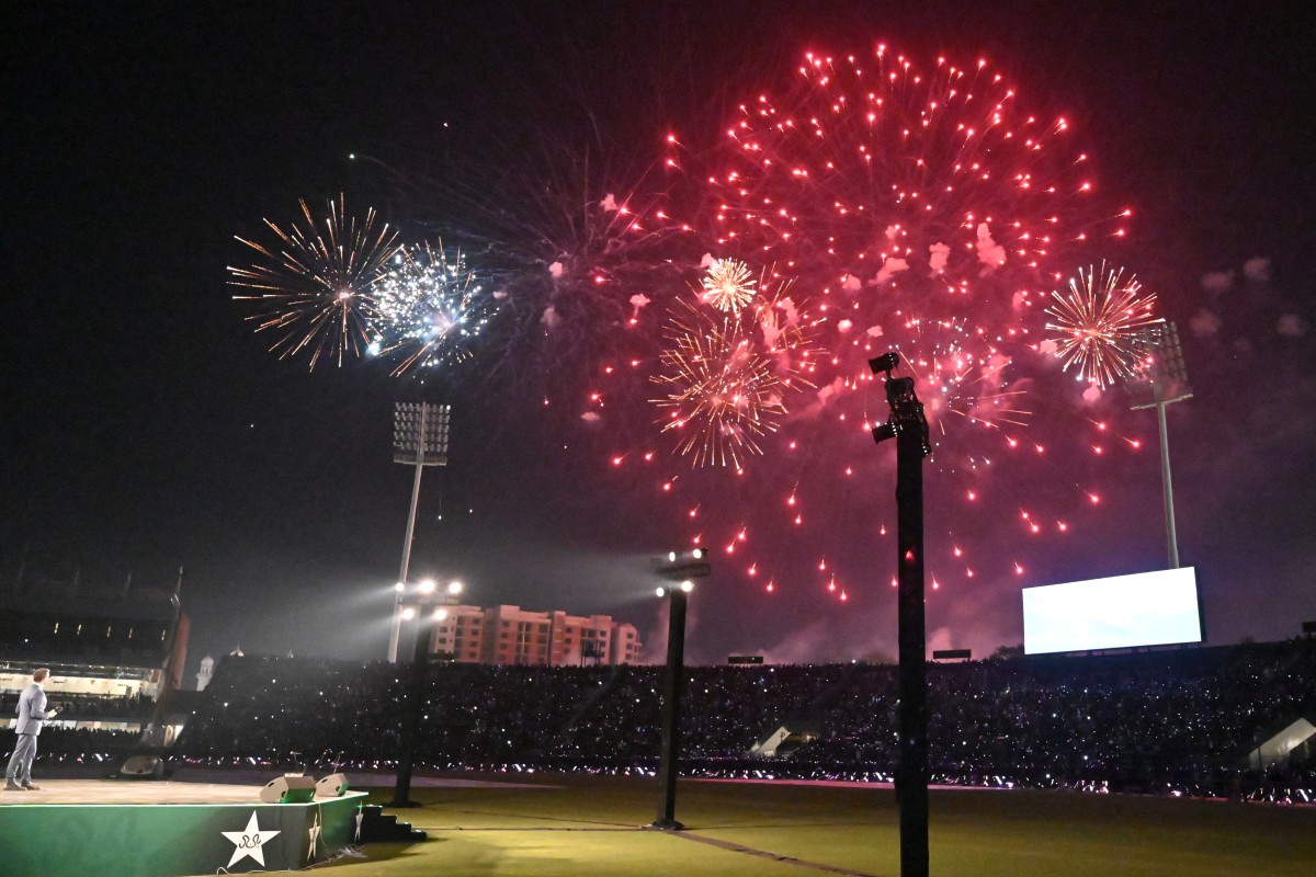 Fireworks light up the sky during the inauguration ceremony of the renovated Gaddafi Cricket Stadium in Lahore on February 7, 2025, ahead of the ICC Champions Trophy 2025 (AFP)