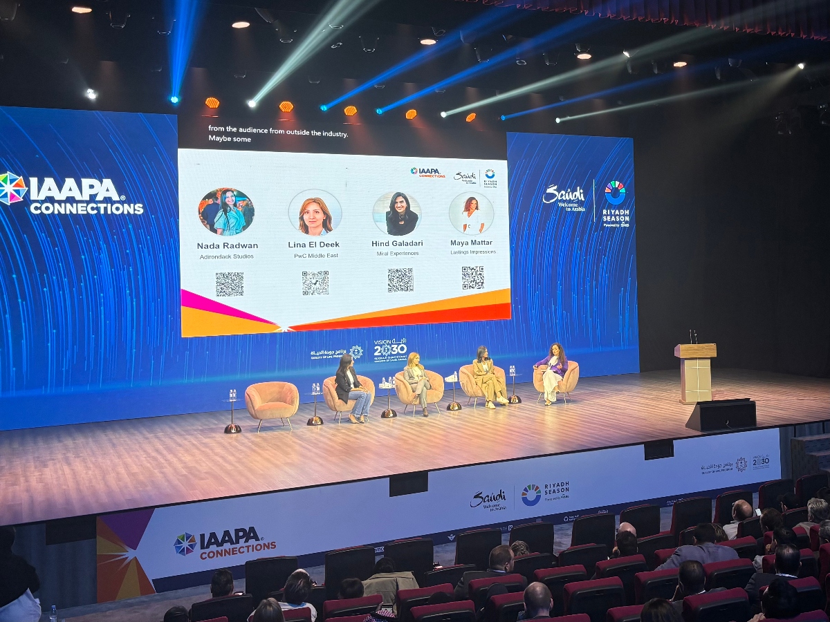 Panelists Nada Radwan, Lina El Deek, Hind Galadari, and moderator Maya Mattar share insights on the evolving role of women in the Middle East’s entertainment industry at IAAPA Middle East Trade Summit 2025.(AN photo by Waad Hussain)