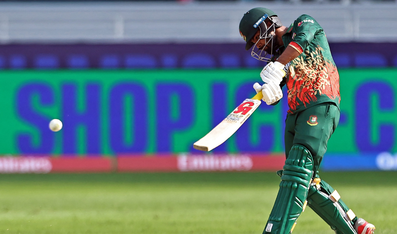 Bangladesh's Towhid Hridoy plays a shot during the ICC Champions Trophy one-day international (ODI) cricket match between Bangladesh and India at the Dubai International Stadium in Dubai on February 20, 2025. (AFP)