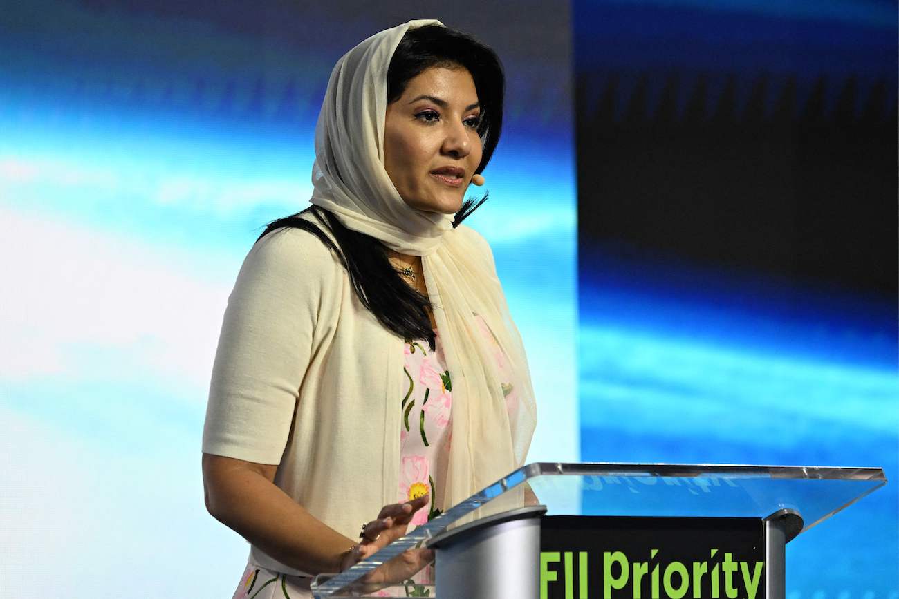 Saudi Arabia’s Ambassador to the US Princess Reema bint Bandar speaks during the FII Priority Summit in Miami Beach, Florida, on February 20, 2025. (AFP)