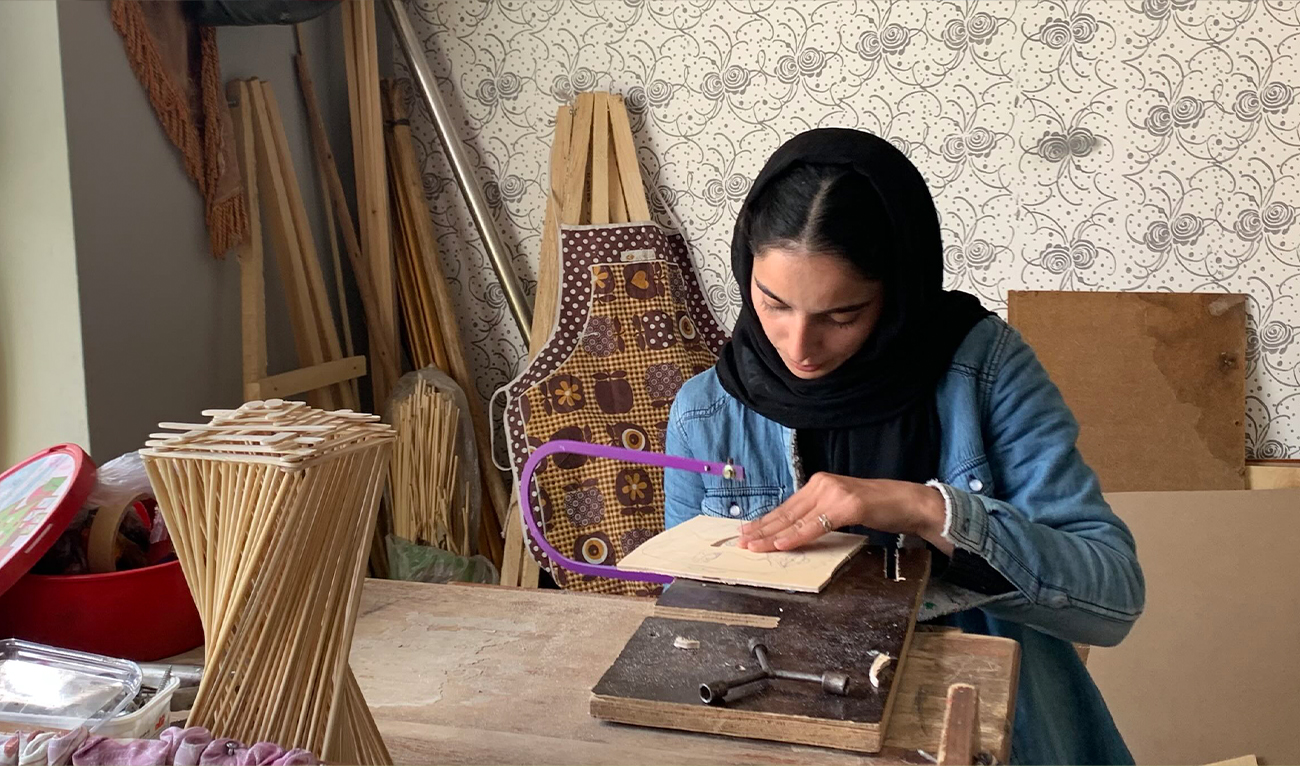 Aria Sediqy works at her home-based studio in Kabul, Afghanistan, on February 20, 2025. (Aria Sediqy)