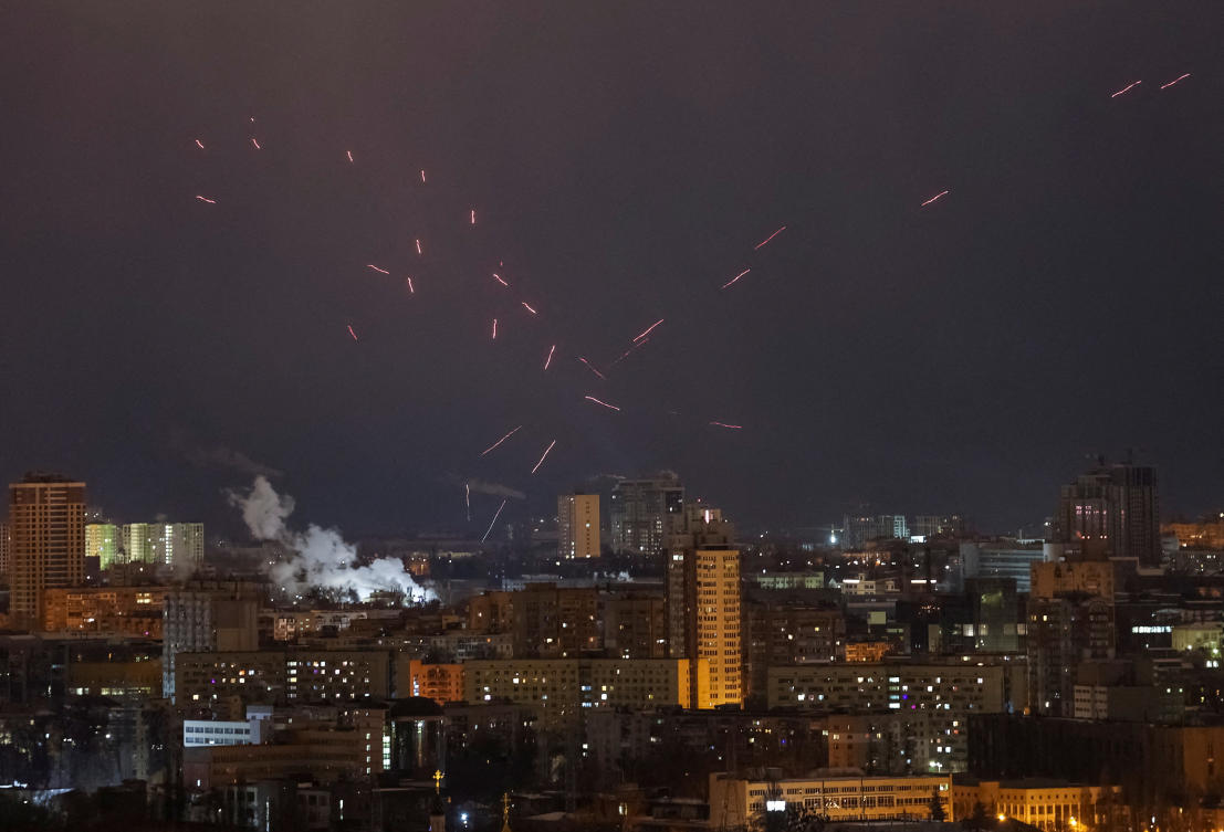 Tracers are seen in the night sky as Ukrainian servicemen fire at the drone during a Russian drone strike, amid Russia’s attack on Ukraine, in Kyiv, Ukraine February 21, 2025. (REUTERS)