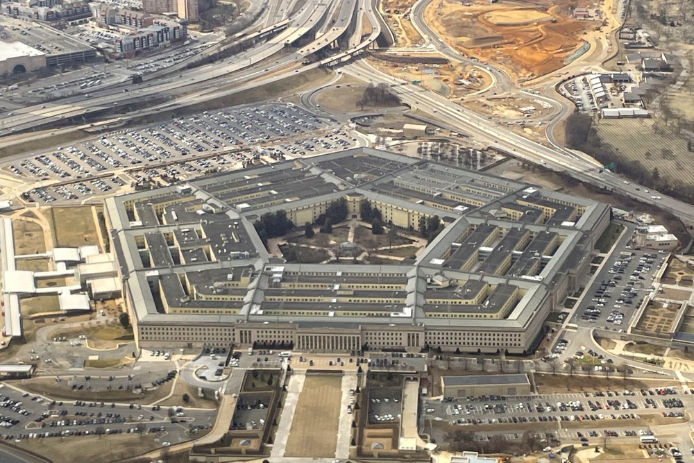 The Pentagon is seen in this aerial view through an airplane window in Washington. (AP)