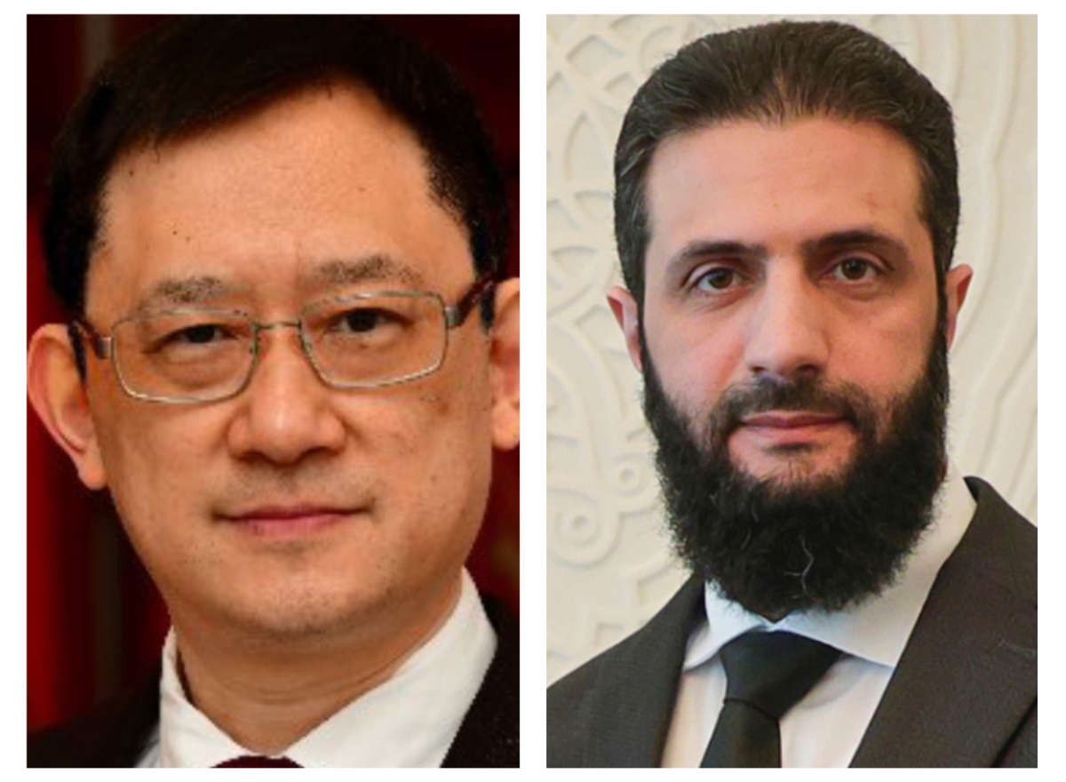 Syria's de facto leader Ahmad al-Sharaa (R) and Chinese ambassador Shi Hongwei. (Supplied)