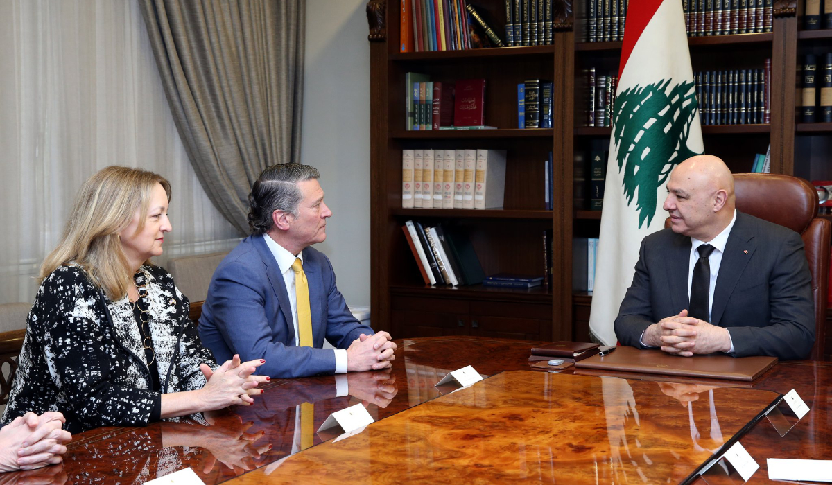 President Joseph Aoun meets with US delegation headed by Ronny Jackson, along with US ambassador Lisa Johnson in Beirut. (X @LBpresidency)
