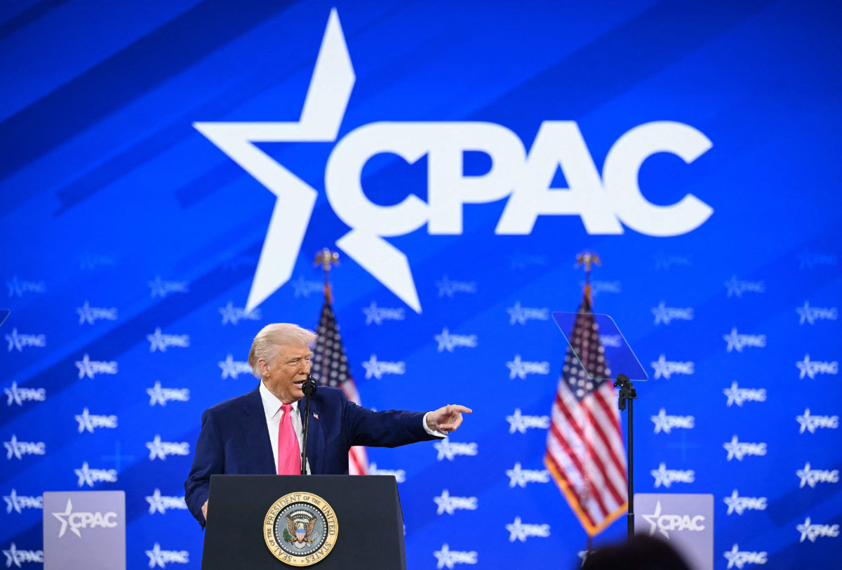 US President Donald Trump speaks at the annual Conservative Political Action Conference in Oxon Hill, Maryland, on Feb. 22, 2025. (AFP)