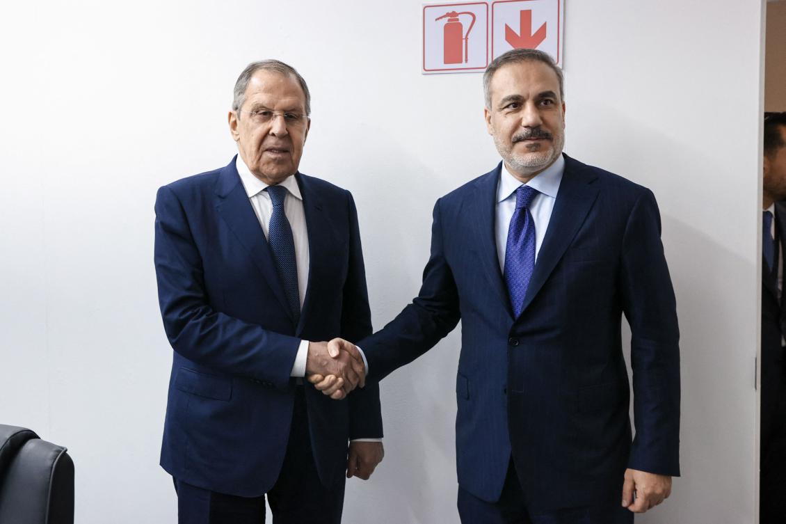 Russian Foreign Minister Sergei Lavrov during an earlier meeting with his Turkish counterpart Hakan Fidan on the sidelines of the G20 event in Johannesburg on Feb. 20, 2025. (Russian Foreign Ministry/AFP)