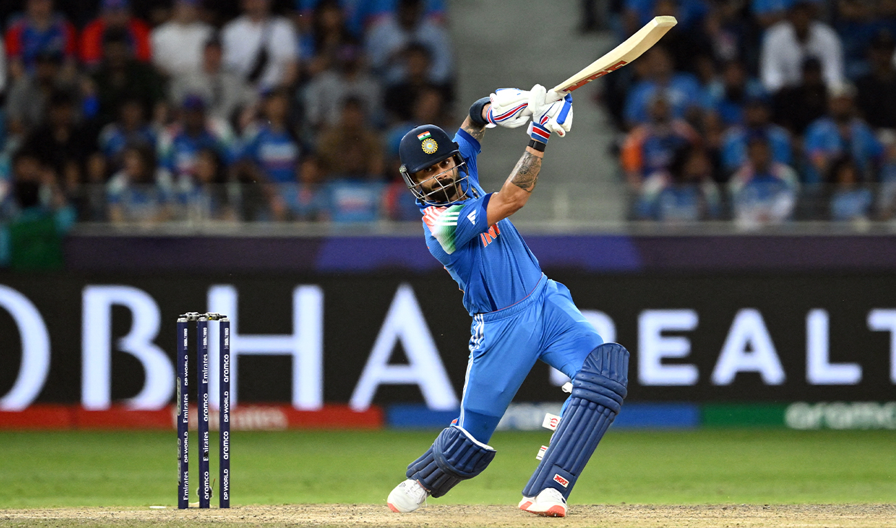 India’s Virat Kohli plays a shot during the ICC Champions Trophy one-day international (ODI) cricket match between Pakistan and India at the Dubai International Stadium in Dubai on February 23, 2025. (AFP)