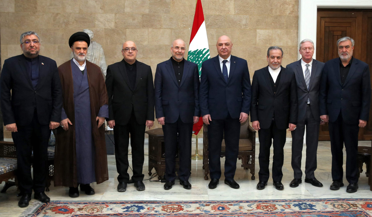 President Joseph Aoun (4th-R) meeting with a delegation including Iranís Foreign Minister Abbas Araghchi (3rd-R) and Parliament Speaker Mohammad Bagher Ghalibaf (C) at the presidential palace in Baabda on February 23, 2025. (AFP)