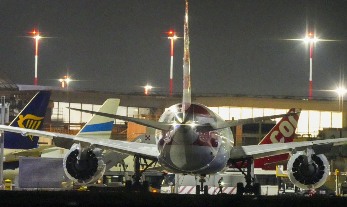 American Airlines flight AA292 en route from New York to New Delhi that turned around over the Caspian Sea Sunday, Feb. 23, 2025, sits on the tamarack of Rome's Leonardo da Vinci International airport. (AP)