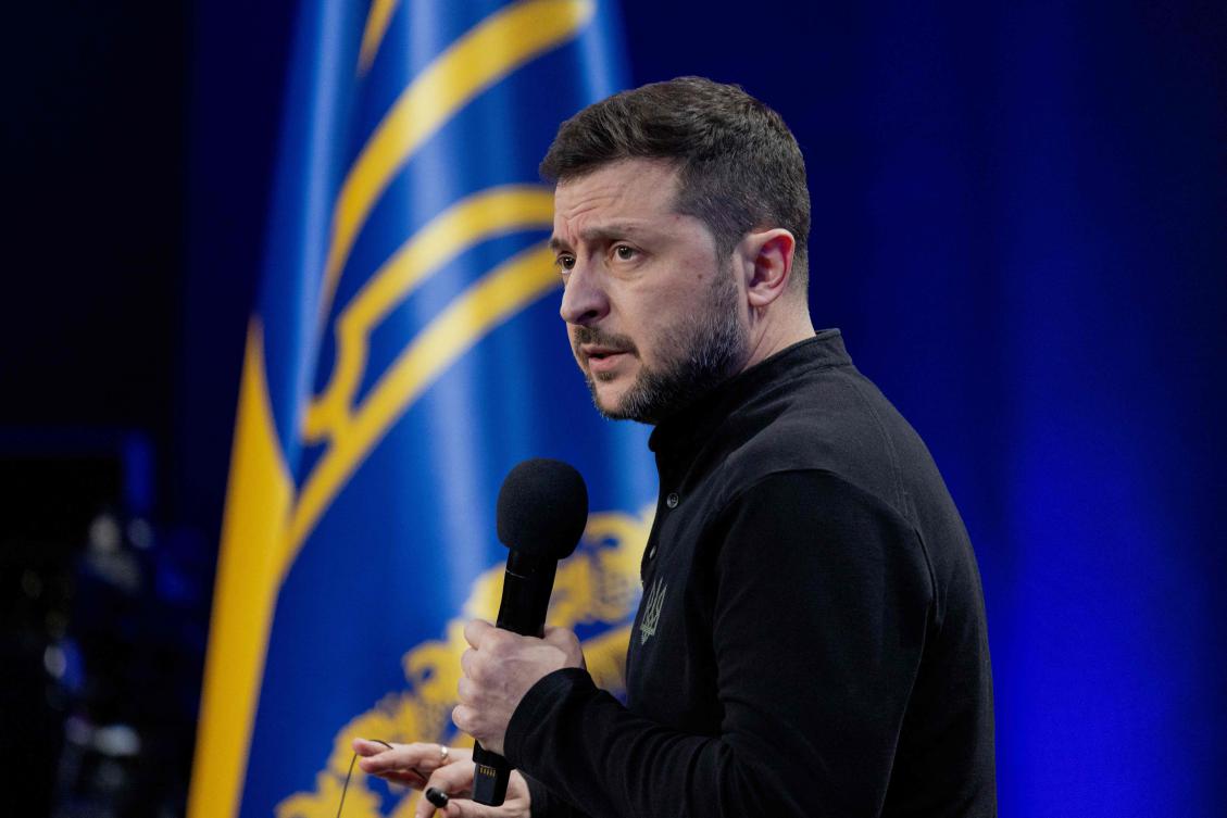 Ukraine's President Volodymyr Zelensky speaks during a joint press conference on the sidelines of the "Ukraine. Year 2025" forum in Kyiv on February 23, 2025, amid the Russian invasion of Ukraine. (AFP)