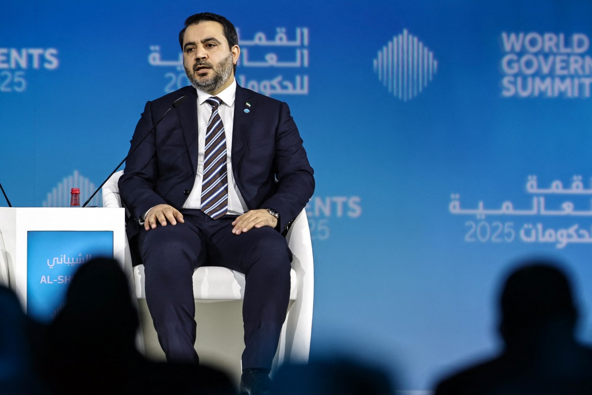 Syria's Interim Foreign Minister Asaad al-Shibani answers questions during an interview on at the World Governments Summit in Dubai on February 12, 2025. (AFP)