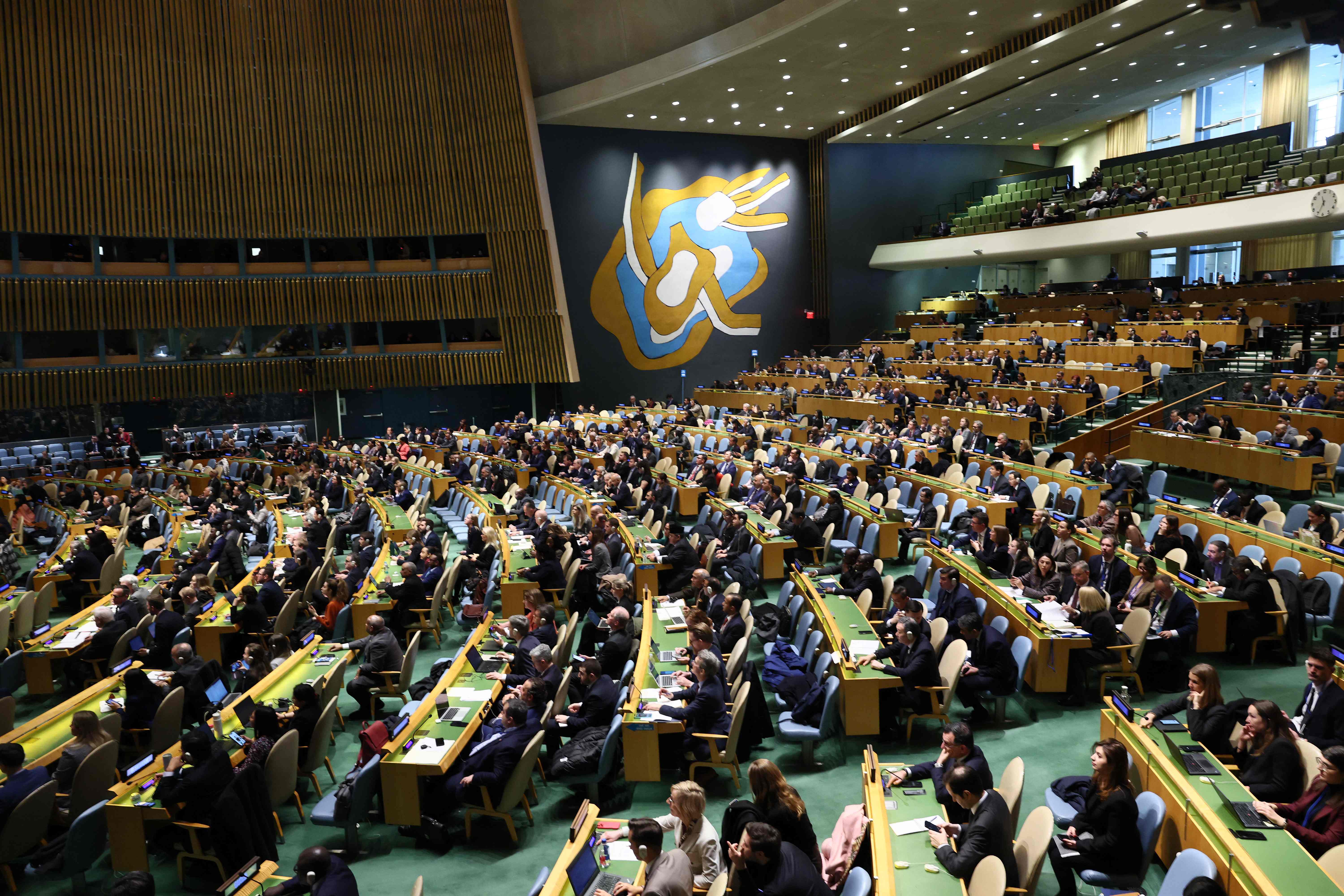 Members of the United Nations General Assembly attend a meeting for a special session at the United Nations headquarters on February 24, 2025 in New York City. (AFP via Getty Images)