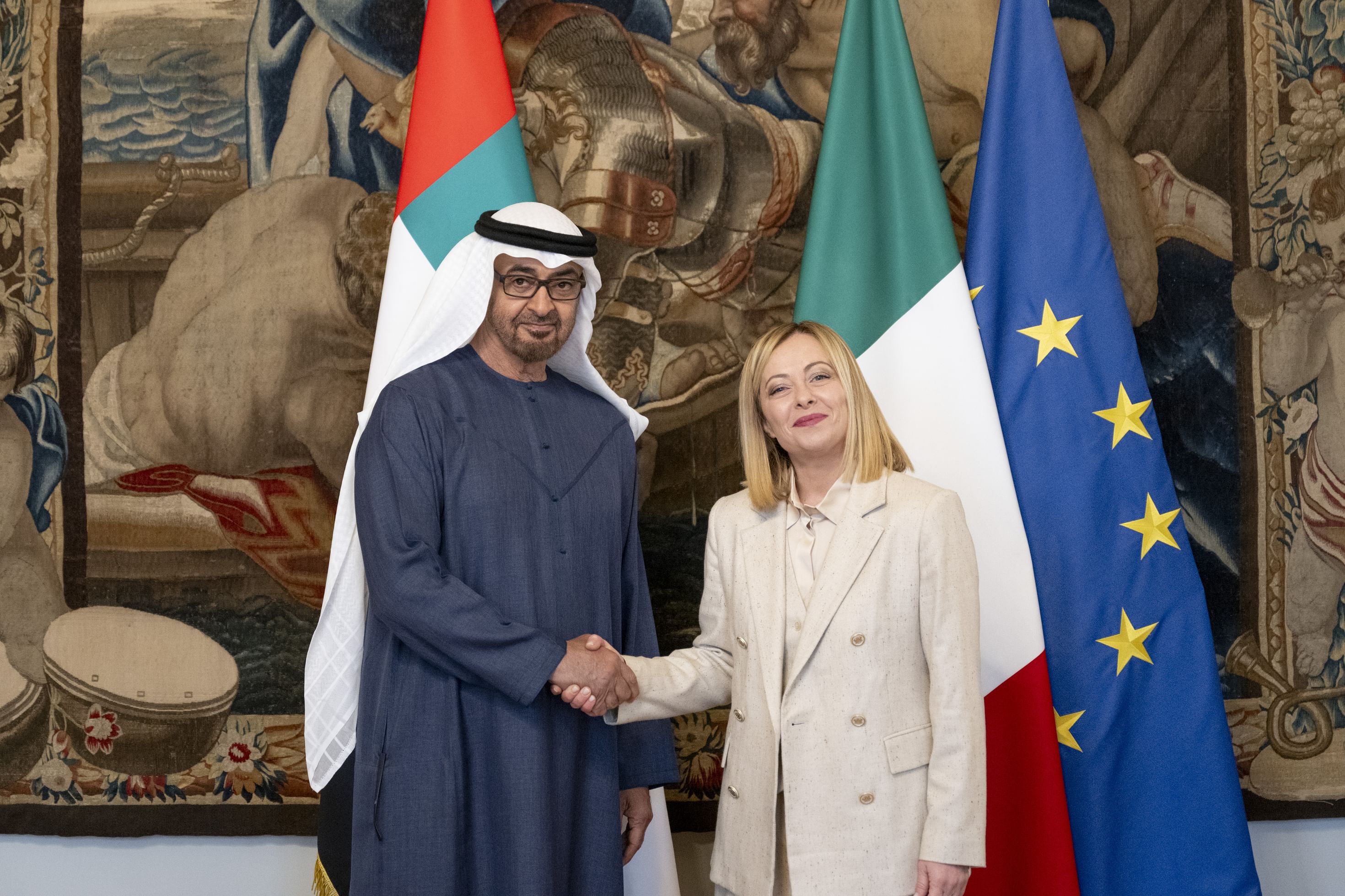 Sheikh Mohammed bin Zayed Al-Nahyan, the president of the UAE, and Italy’s prime minister, Giorgia Meloni, in Rome. (WAM)