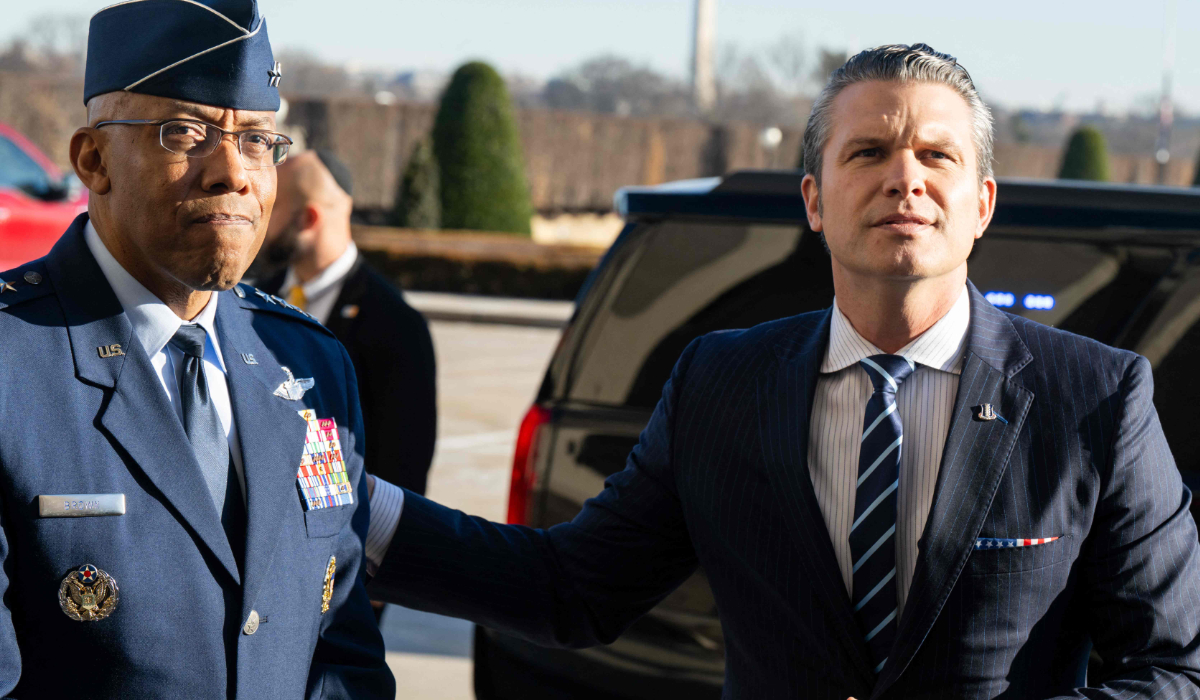 US Secretary of Defense Pete Hegseth, alongside Chairman of the Joint Chiefs of Staff General Charles Q. Brown, Jr. (L), speaks with the media during his first official arrival at the Pentagon as Secretary in Washington, DC, January 27, 2025. (AFP)