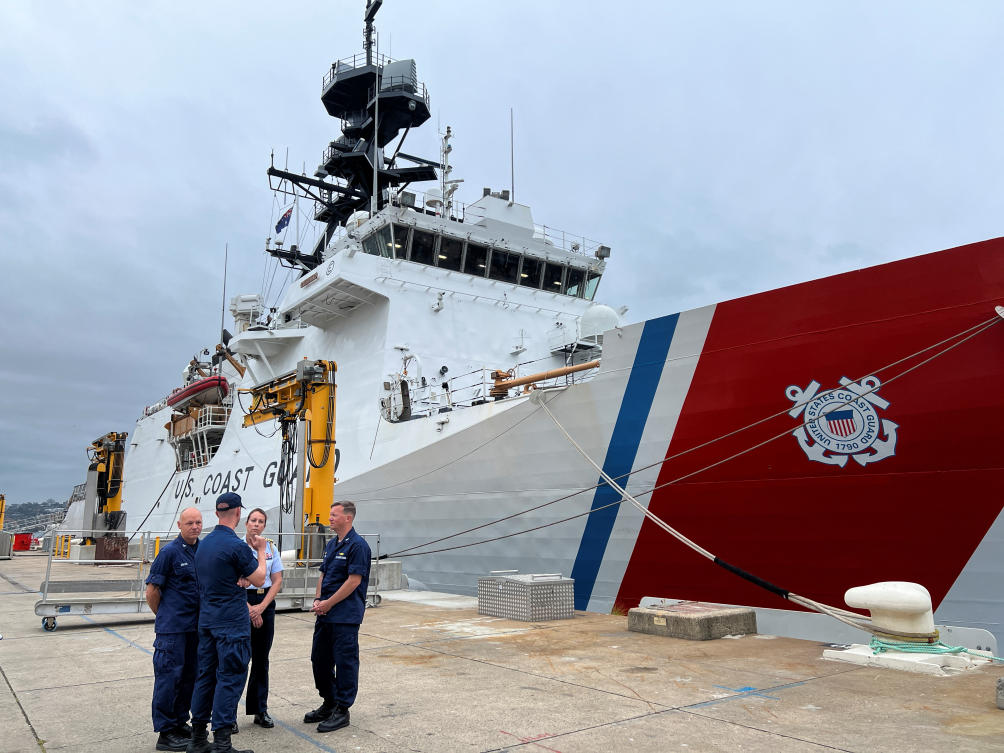 The US Coast Guard national security cutter Midgett docks at HMAS Kuttabul fleet base in Sydney on Feb. 25, 2025. (Reuters)