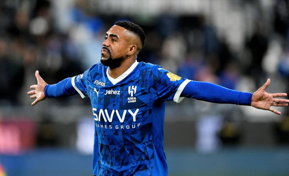 Malcom celebrates scoring Al-Hilal’s third goal against Al-Kholood at the Kingdom Arena, Riyadh, Saudi Arabia, Feb. 25, 2025. (Reuters)