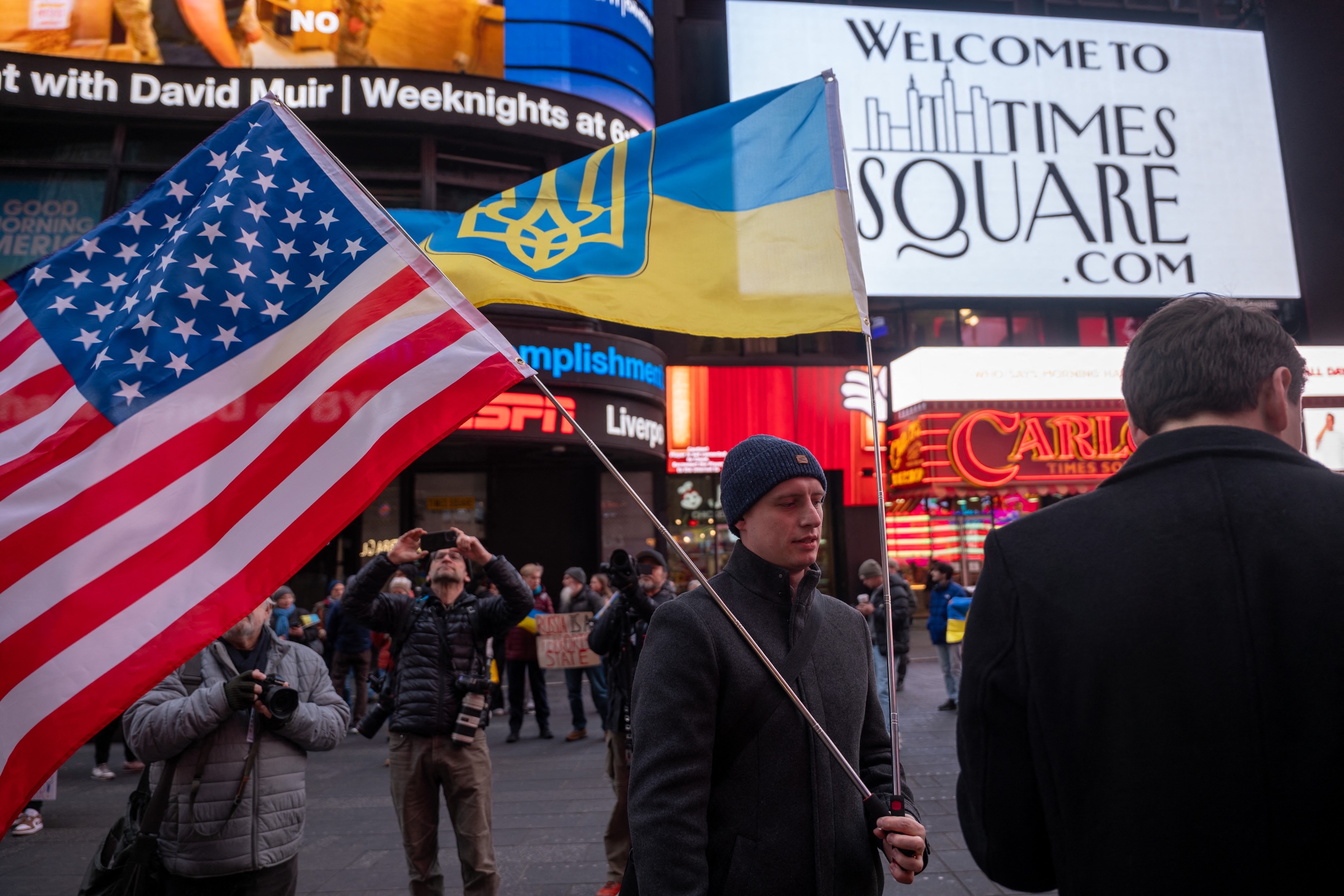 Supporters of Ukraine rally in New York City to mark the three-year anniversary of the invasion by Russia, Feb. 24, 2025. (AFP)