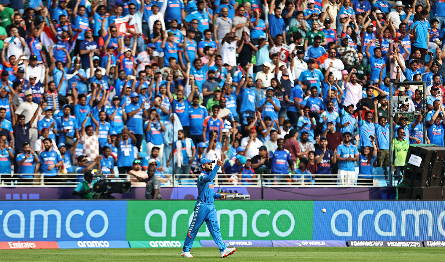 India's Virat Kohli celebrates after taking a catch to dismiss Pakistan's Khushdil Shah during the ICC Champions Trophy one-day international (ODI) cricket match between Pakistan and India at the Dubai International Stadium in Dubai on February 23, 2025. (AFP/File)