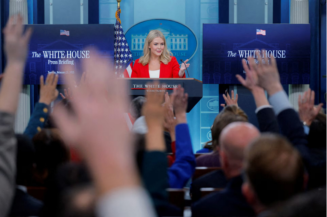 White House Press Secretary Karoline Leavitt takes a question during a press briefing at the White House in Washington, DC. (Reuters)