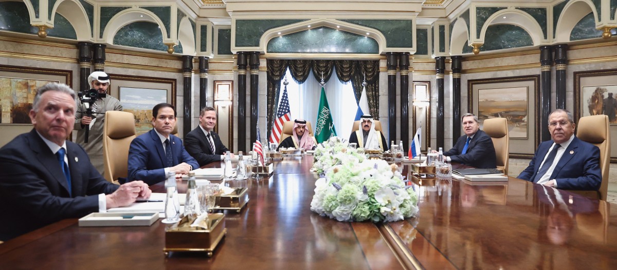 This handout picture taken and released by the Russian Foreign Ministry shows US Middle East envoy Steve Witkoff, Secretary of State Marco Rubio, Saudi Arabia's Foreign Minister Prince Faisal bin Farhan al-Saudand the Russian president's foreign policy advisor Yuri Ushakov, and Russia's Foreign Minister Sergei Lavrov attending a meeting together at Riyadh's Diriyah Palace on February 18, 2025 (AFP)