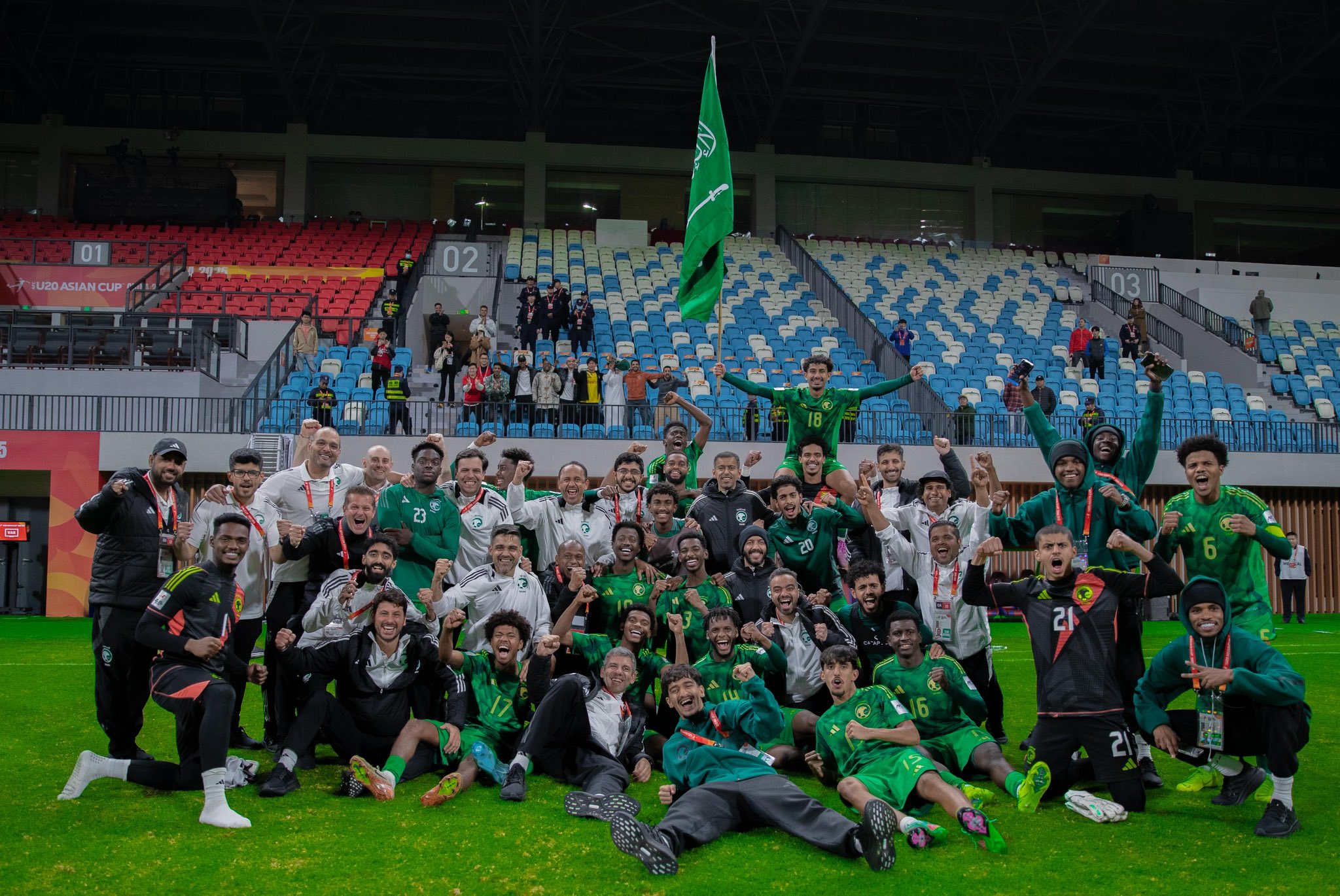 Saudi players and staff celebrate reaching the final of the AFC U-20 Asian Cup. (X/@SaudiNT)