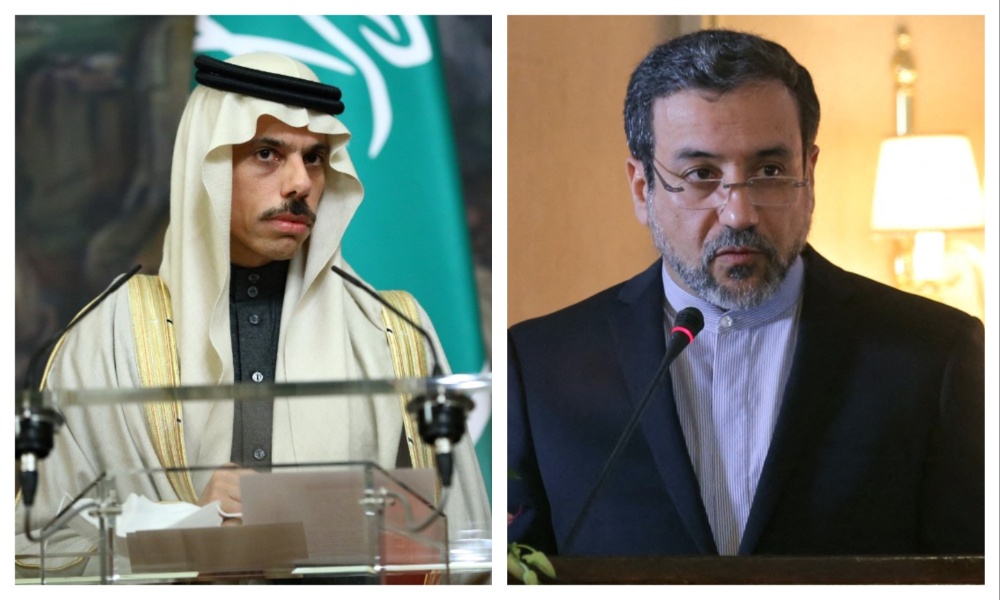 Saudi Foreign Minister Prince Faisal bin Farhan and his Iranian counterpart Abbas Araghchi. (File/AFP)