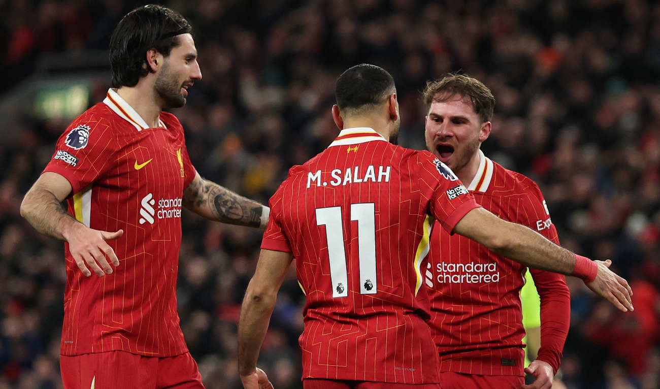 Liverpool's Alexis Mac Allister celebrates scoring their second goal with Mohamed Salah and Dominik Szoboszlai. (Reuters)
