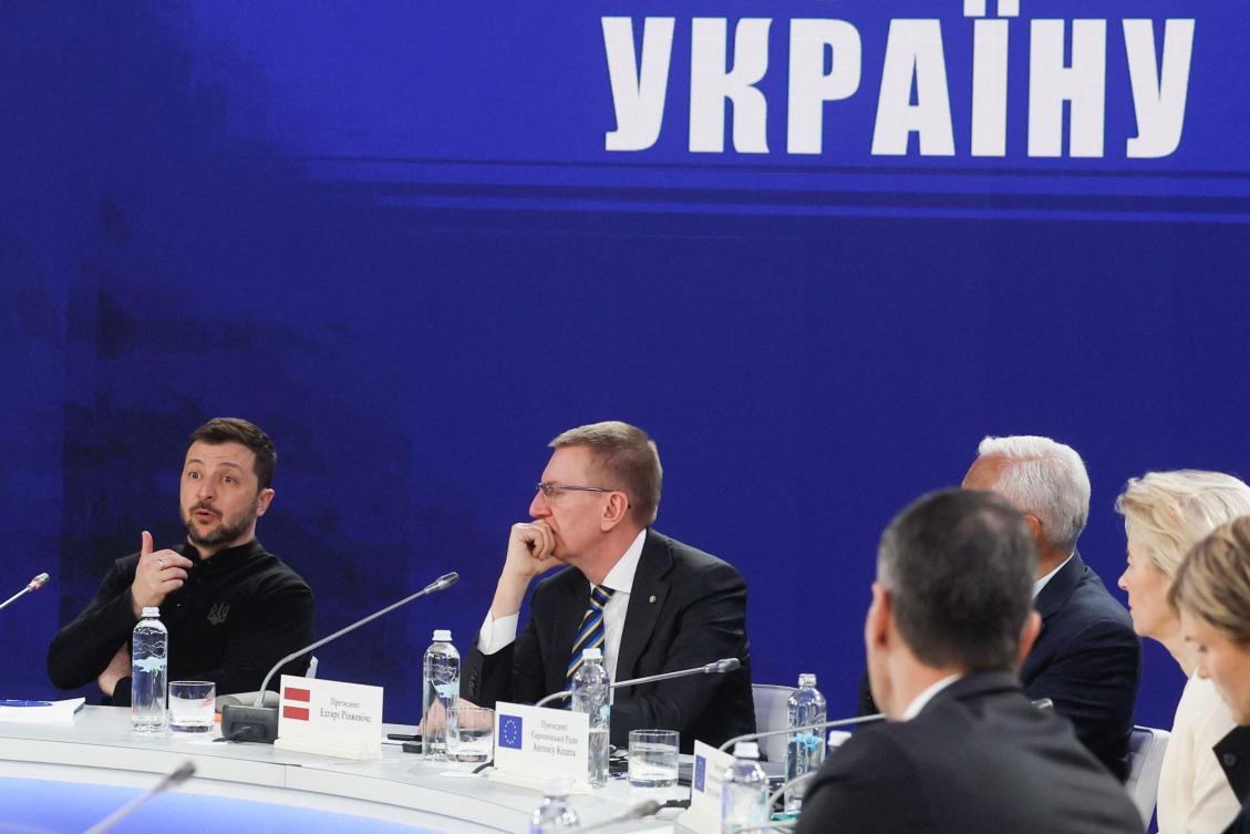 Ukrainian President Volodymyr Zelensky attend a press conference after the ‘Support Ukraine’ summit, marking the third anniversary of the Russian invasion, in Kyiv, Ukraine, on February 24, 2025. (AFP)