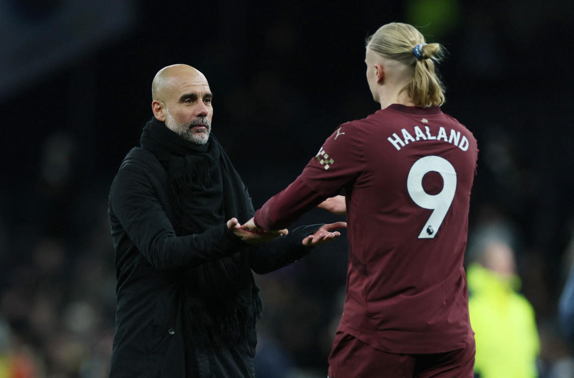 Manchester City manager Pep Guardiola and Erling Haaland celebrate after their Premier League match against Tottenham Hotspur at Tottenham Hotspur Stadium, London, Feb. 26, 2025. (Reuters)