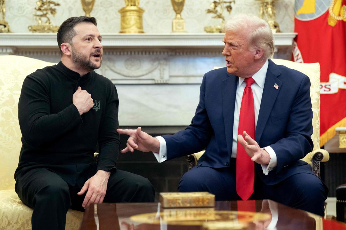 US President Donald Trump and Ukraine’s President Volodymyr Zelensky meet in the Oval Office of the White House in Washington, Feb. 28, 2025. (AFP)