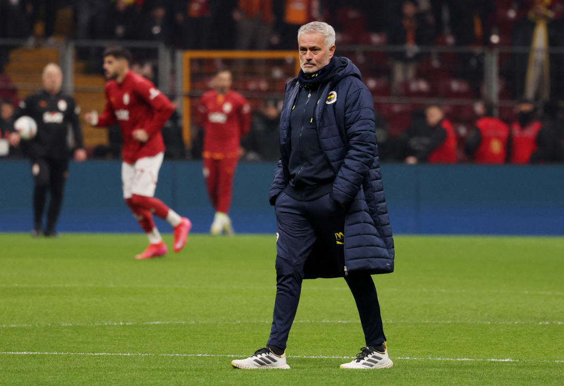 Fenerbahce coach Jose Mourinho is seen before their Super Lig match against Galatasaray at Rams Park, Istanbul, Feb. 24, 2025. (Reuters/File)