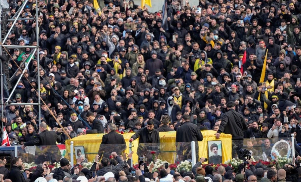 The funeral procession of Hassan Nasrallah and Hashem Safieddine commences in Beirut, Lebanon, Feb. 23, 2025. (AP Photo)