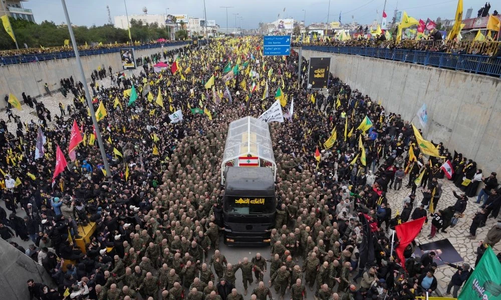 The funeral procession of Hassan Nasrallah and Hashem Safieddine commences in Beirut, Lebanon, Feb. 23, 2025. (AP Photo)