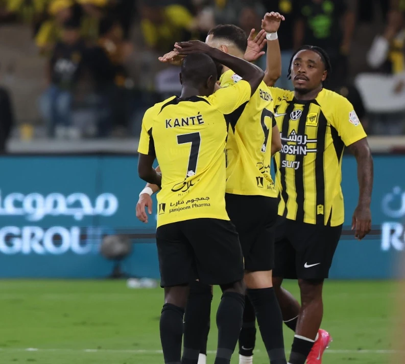Al-Ittihad had to work hard to defeat Al-Kholood 4-3 on Saturday, in a win that put them on 46 points, behind the leaders Al-Hilal only on goal difference in the Saudi Pro League. (X/@ittihad_en)