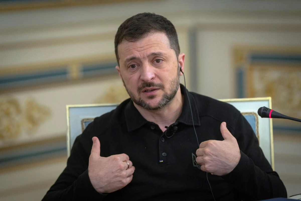 Ukrainian President Volodymyr Zelenskyy gestures as he speaks during an interview with The Associated Press in Kyiv on Feb. 1, 2025. (AP Photo)