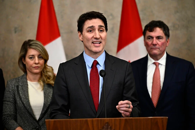 Canadian Prime Minister Justin Trudeau addresses media members in Ottawa, Canada, on Feb. 1, 2025, after US President Donald Trump signed an order to impose stiff tariffs on imports from Mexico, Canada and China. (The Canadian Press via AP)