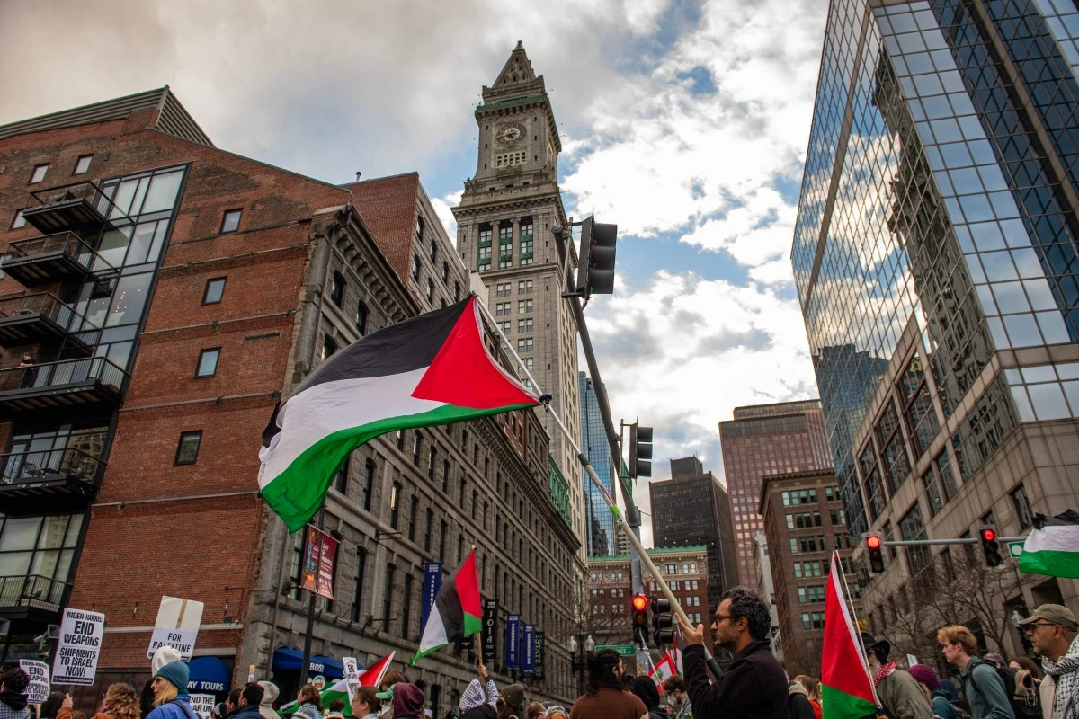 Pro-Palestinian demonstrators march during a rally organized by the Boston Coalition for Palestine in Boston on November 2, 2024. (AFP)