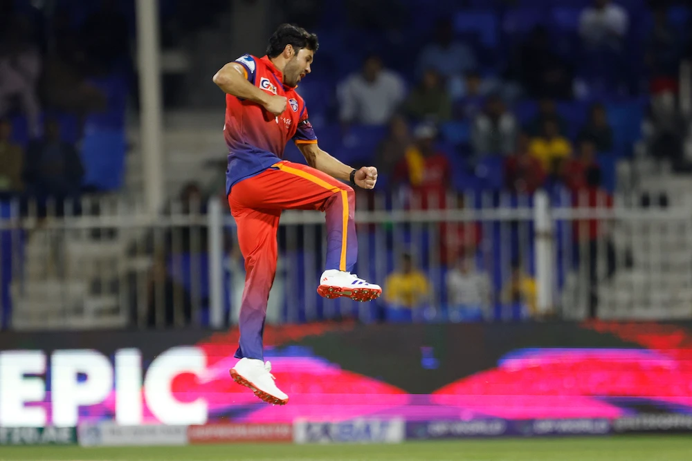 Qais Ahmad of Dubai Capitals celebrates the wicket of Adam Hose during the DP World ILT20 win over the Desert Vipers at the Sharjah Cricket Stadium. (ILT20)
