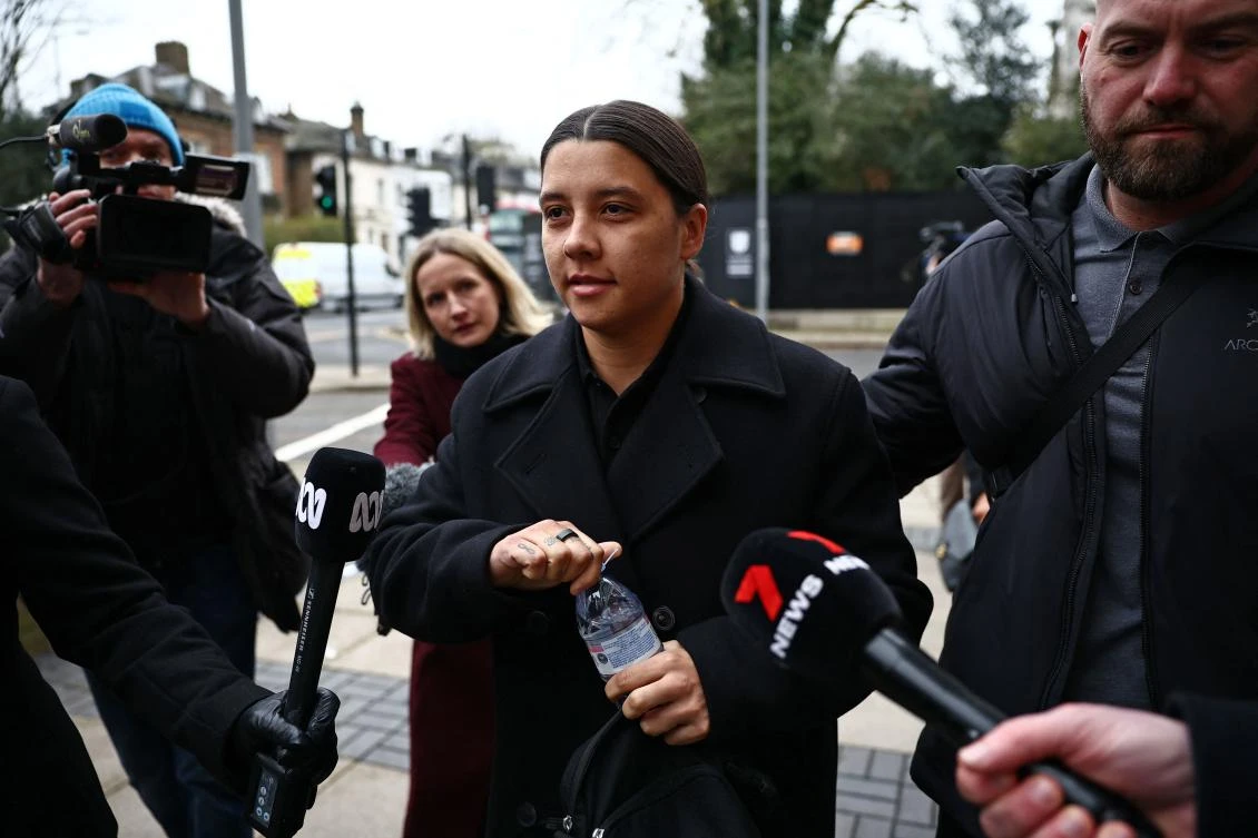 Chelsea’s Australian striker Sam Kerr reacts as she arrives at Kingston Crown Court in south London on Feb. 3, 2025, for the start of her trial. (AFP)