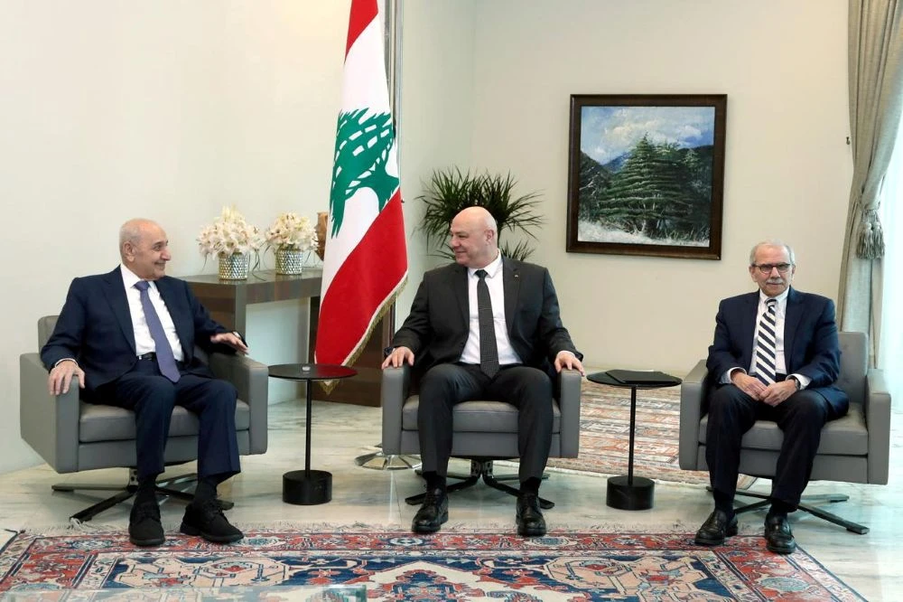 Lebanese Parliament Speaker Nabih Berri, President Joseph Aoun and Prime Minister-designate Nawaf Salam meet at the Presidential Palace in Baabda, Lebanon, Feb. 6, 2025. (Reuters)