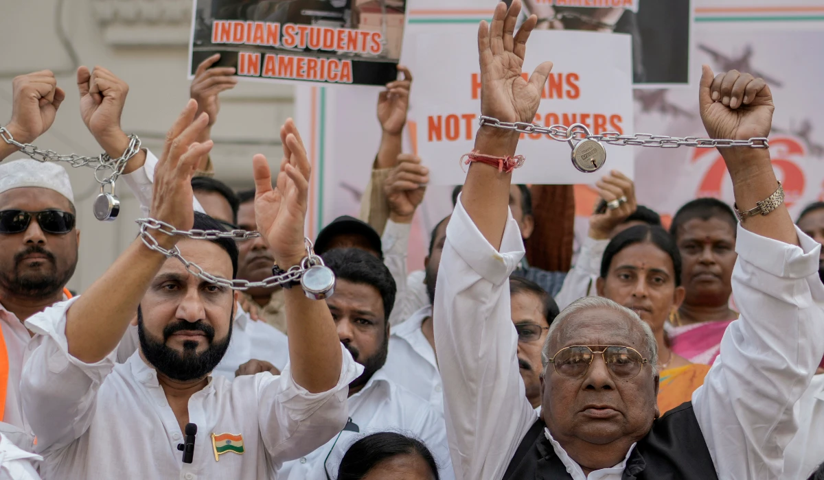 Congress party workers wearing shackles, protest to condemn the reported mistreatment of Indian immigrants during their deportation from the United States, in Hyderabad, India, Friday, Feb. 7, 2025. (AP)